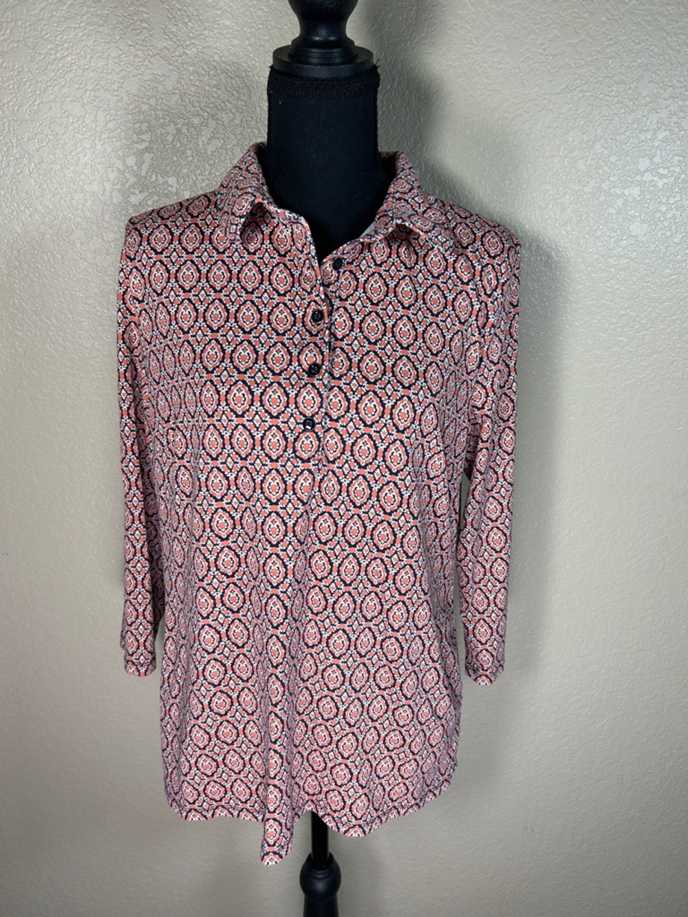 Talbots Orange & Navy Geometric Button-Front Blouse Size Large 3/4 Sleeve